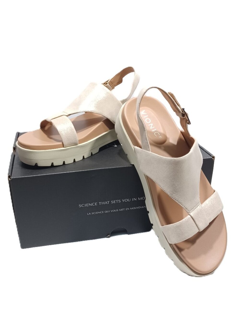 NIB Vionic Womens Alondra Lug Ankle Strap Heeled Sandal Gold Metallic LTHR Sz9